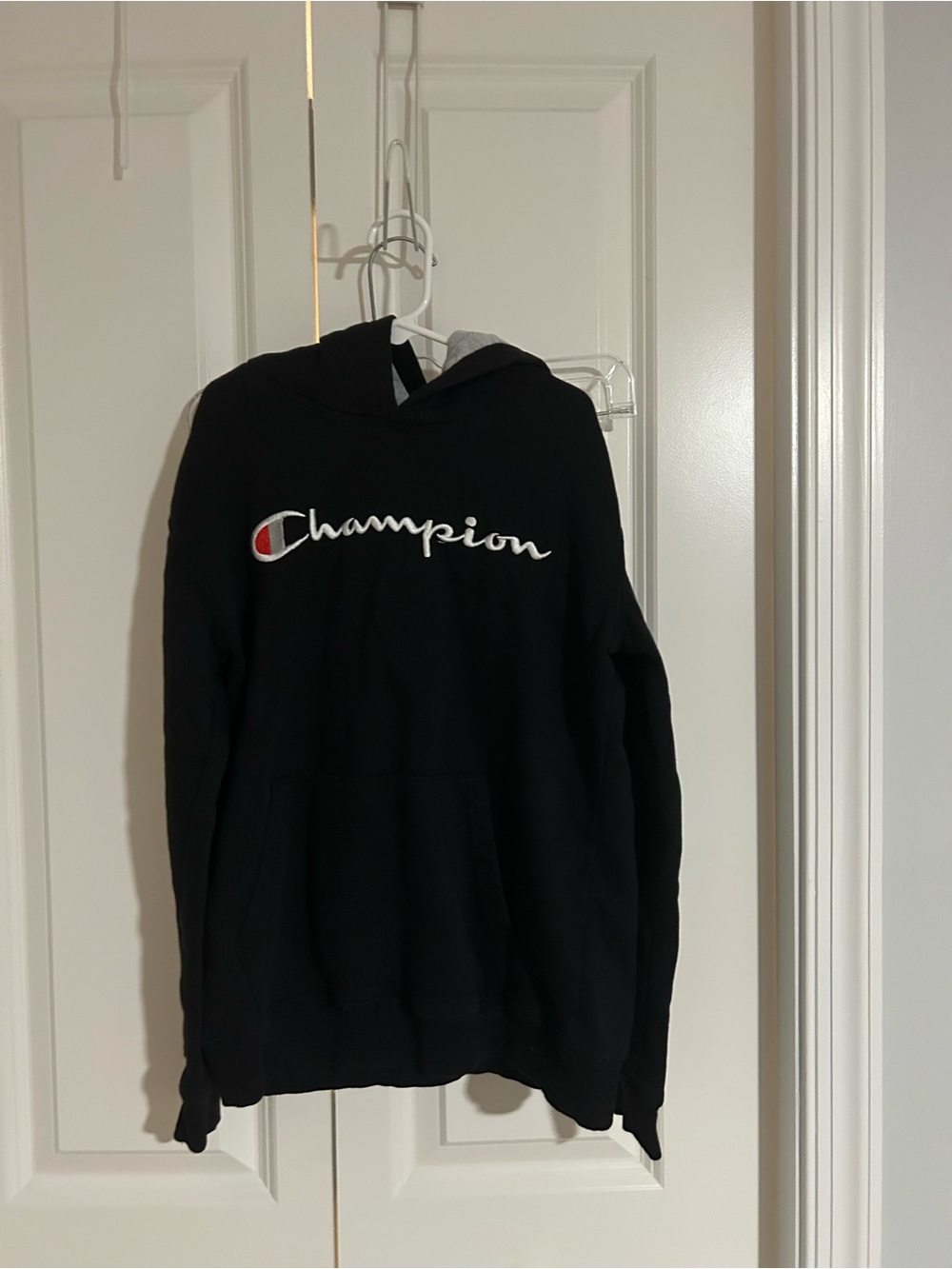 Champion Black Hoodie with White Script and Red Logo Accent